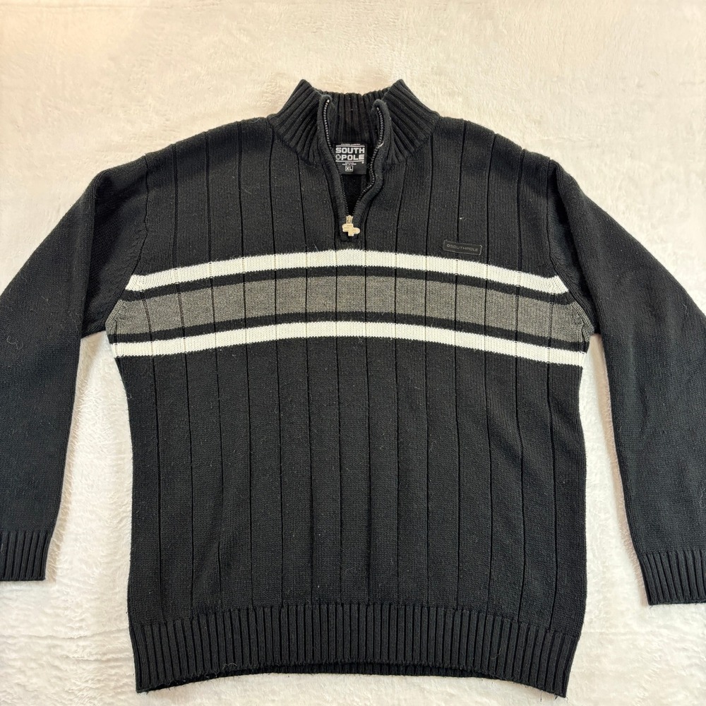South pole XL Black‎ Gray White Striped Quarter Zip Mock Neck Knit Sweater
